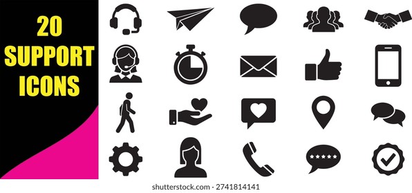 Premium collection of support and service icons featuring headset operators and message bubbles for professional communication. Icons include social media engagement symbols like hearts and likes along with telephone and location markers. Ideal for corporate contact pages and UI design.