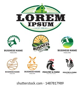 A premium collection of vector logo templates for agriculture and livestock businesses. This set features various rustic and modern designs including barn houses, traditional windmills, sunrise landscapes, and creative poultry silhouettes integrated with wheat ears. Perfect for organic farms, poultry ranches, farmers markets, fresh produce suppliers, and rural agribusiness identities.