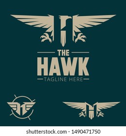 A premium collection of vector logo templates featuring the letter H integrated with a hawk or eagle silhouette. The design showcases sharp wings, powerful talons, and a stoic bird profile, symbolizing strength, leadership, and high-level surveillance. Ideal for aviation companies, security agencies, tactical gear brands, pilot schools, aerospace technology, and professional sports teams.