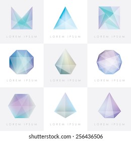 Premium Colorful Collection Set Of Trendy Soft Mesh Facet Crystal Gem Geometric Logo Icons And Abstract Shapes For Business Visual Identity- Triangle, Polygons And Rectangular Designs