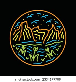 Premium Colorful Monoline Mountain Vector Graphic Design illustration Vintage style line Emblem Symbol and Icon
