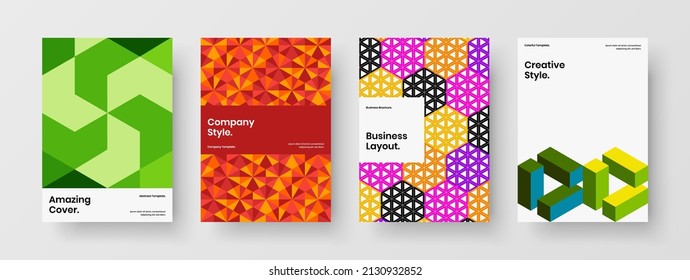 Premium company brochure A4 design vector layout set. Trendy mosaic shapes flyer illustration collection.
