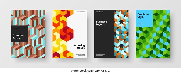 Premium company brochure vector design layout bundle. Vivid mosaic shapes journal cover concept set.