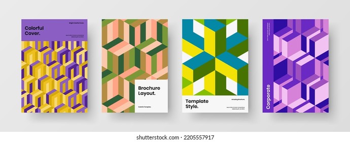 Premium company brochure vector design template collection. Colorful mosaic hexagons postcard illustration set.
