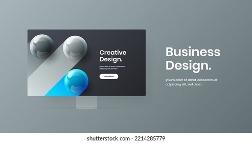 Premium computer monitor mockup website concept. Vivid presentation vector design template.