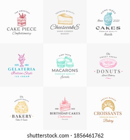 Premium Confectionary Abstract Signs, Symbols or Logo Templates Collection. Hand Drawn Ice Cream, Donut and Cakes with Modern Typography. Local Bakery Vector Emblems Concepts Bundle. Isolated.