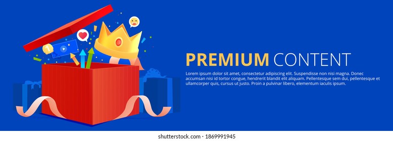 Premium content. Gift box with ribbon and money and crown and other bonuses. Vector cartoon illustration.