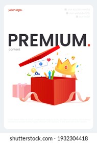 The Premium content. A Gift box with a ribbon and money and a crown and other bonuses. A vector cartoon illustration.