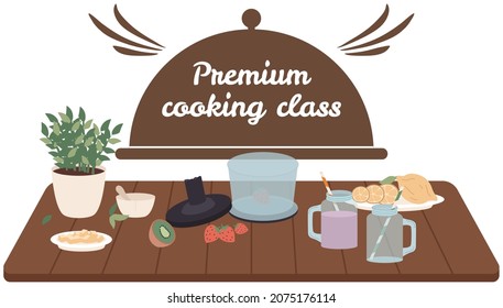 Premium cooking class design elements. Kitchen emblem, food studio label. Culinary school badge. Hand drawn lettering for cooking masterclass. Process of food preparation, ingredients for dish concept