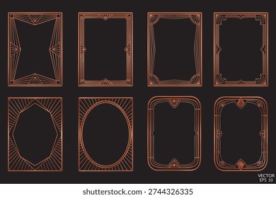 Premium copper geometric frames are isolated on black background. Luxury copper borders for invitations, luxury templates, and decorative patterns. 3D vector illustration.