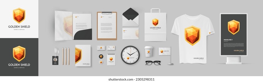 Premium corporate branding with golden shield logo and grey background. Lux stationery design template.