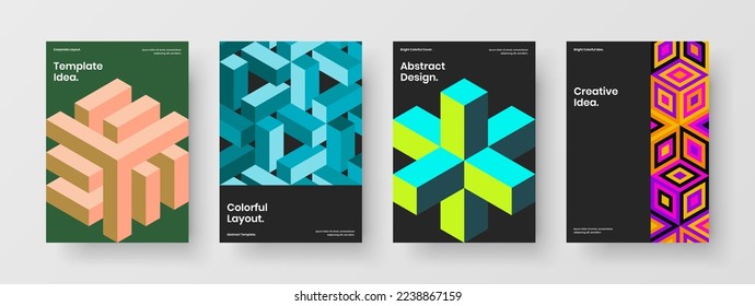 Premium corporate brochure design vector concept set. Vivid geometric hexagons leaflet illustration bundle.