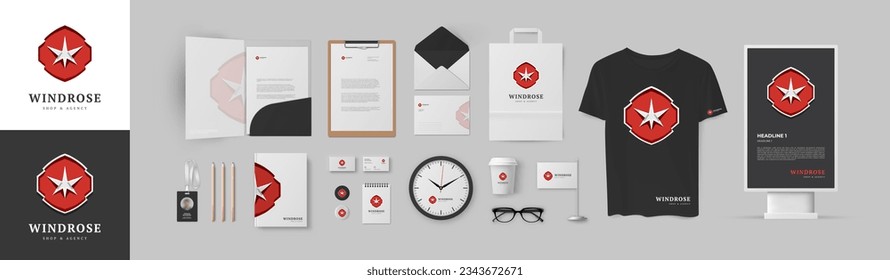 Premium corporate design, red logo in heraldic style with compass, full pack of branding identity