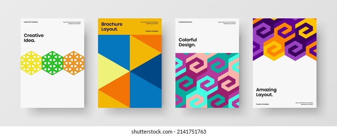 Colección de diseño de vectores A4 de identidad corporativa premium. Conjunto de plantillas de informe anual de hexágonos geométricos multicolores.