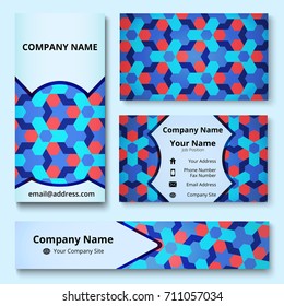 Premium corporate identity mock-up of banner, business and invitation cards of blue and red shades. Professional branding design kit. Stationery set