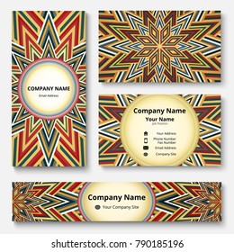 Premium corporate identity mock-up of banner, business and invitation cards with decorative pattern of golden, red, and gray shades. Professional branding design kit. Stationery set