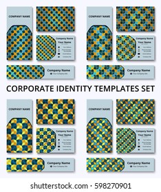 Premium corporate identity set of banner, business and invitation cards in orange, yellow, and blue shades. Professional branding design kit. Stationery templates