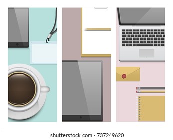 Premium corporate identity template flayer business stationery mock-up realistic 3d top view vector illustration
