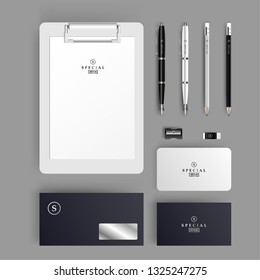 Premium corporate identity template set. Business stationery mock-up with logo template. Set of envelope, card, phone, cup, folder, etc.