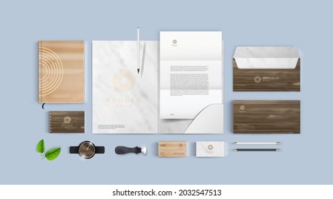 Premium Corporate Identity Template Set. Business stationery with logo template and wooden textures. Pack of envelope, card, folder and letter A4 form. Can be used for ecological or furniture company