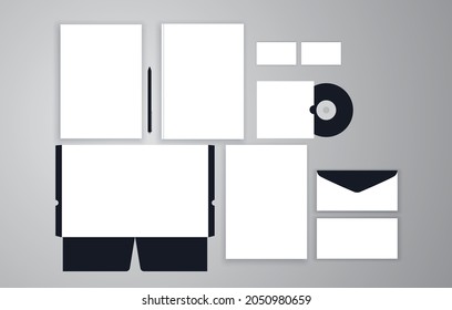 Premium corporate identity template set. Business stationery mock-up. Set of letterhead, invoice, envelop, cd drive, note cover, business card and presentation folder.