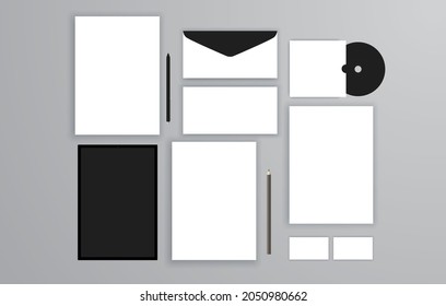 Premium Corporate Identity Template Set. Büromaterial ist verlogen. Briefkopf, Rechnung, Umhüllung, CD-Laufwerk, Notenabdeckung, Visitenkarte und Tablette.