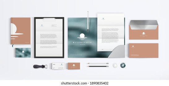 Premium Corporate Style Template With White Logo On Stone Background. Branding Identity Realistic Mockup With Folder, A4 Form, Envelope And Business Card.