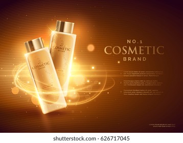 design de conceito de publicidade marca cosmética premium com brilhos e fundo dourado bokeh