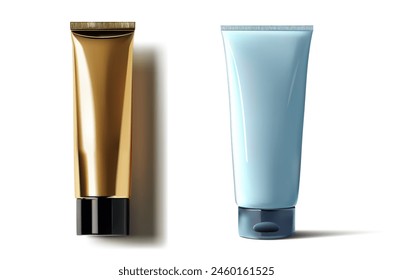 Premium Cosmetic Tubes in Gold and Blue with Realistic Shine. Realistic vector set showcasing skincare cream, toothpaste, or beauty cleanser packaging template. Blank plastic container.