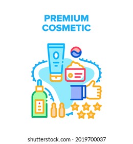 Premium Cosmetic Vector Icon Konzept. Creme und Lotion, unverzichtbares Öl und Feuchtigkeit aromatische natürliche Premium Kosmetik. Skincare Luxury Product Customer Best Review Color Illustration