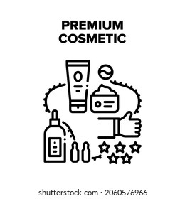 Premium Cosmetic Vector Icon Concept. Cream And Lotion, Essential Oil And Moisturizing Aromatic Natural Premium Cosmetic. Skincare Luxury Product Customer Best Review Black Illustration