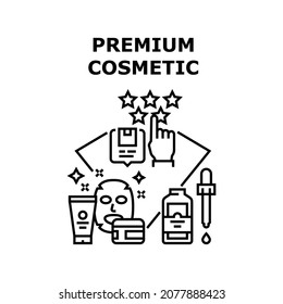 Concepto de icono del vector cosmético premium. Máscara Facial Y Crema Natural, Perfume Aromático Y Aceite Esencial Cosmético Premium, Compra De Productos Cosmetológicos Y Comentarios Ilustración Negra