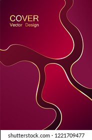 Premium cover background with luxury fluid shapes and gold edge lines. Liquid gradient shapes luxury gold lines vector. Rich background, premium cover ruby red cherry magenta design.