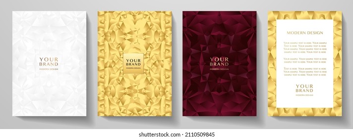 Premium cover, frame design set. Luxury geometric pattern in gold, red, white color. Creative vector background for brochure template, notebook, invite, luxe menu