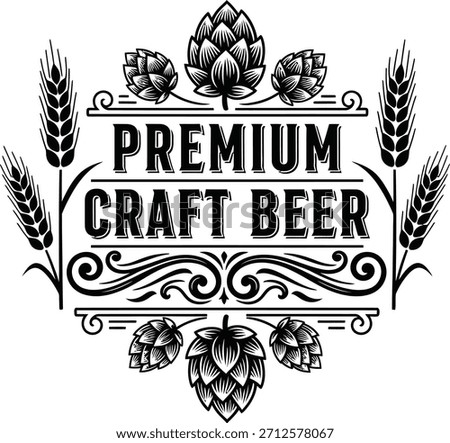 Premium Craft Beer hops vector badge featuring wheat ears for microbrewery branding.