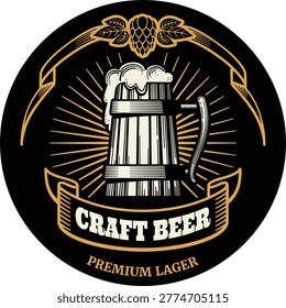 Premium craft beer lager bottle with hop flowers icon vector illustration