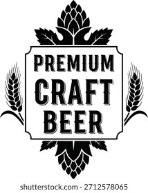 Premium Craft Beer Vektor Emblem mit Hopfen und Gerste für Brauereietiketten und Untersetzer.