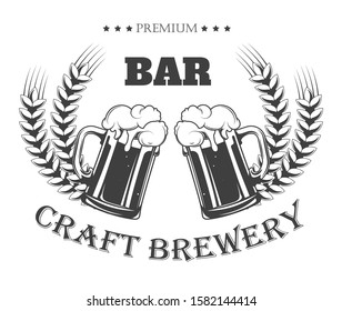 Premium craft brewery pub logo with beer jugs and barley