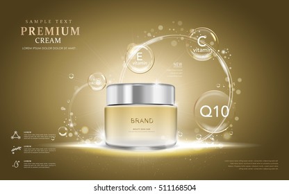 Premium cream ads, translucent cream bottle with ingredients on the bubbles. 3D illustration.