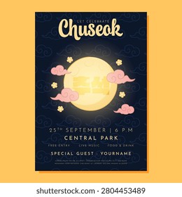 Premium cultural celebration poster template for Mid-Autumn Festival and Korean Chuseok. Featuring a stunning glowing full moon, cute moon rabbits, elegant traditional oriental clouds, lanterns, and a balance of modern and classic layout designs. Perfect for holiday greeting cards, seasonal shopping sale flyers, cultural event posters, restaurant promotions, and social media banner templates. Fully editable vector layout with dedicated text copy space.