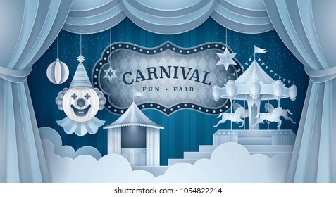 Premium Curtains stage with Circus Frame Border, Cloud and Hanging Happy Clown, Party hat, ball, Fun Fair, Carousels, Fairground, Day Scene festival, Paper art vector and illustration