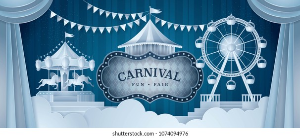 Premium Curtains stage with Circus Frame Border, Wheel Ferris Fun Fair, Carousels, Fairground, triangle bunting flags, Day Scene Carnival festival, Paper art vector and illustration