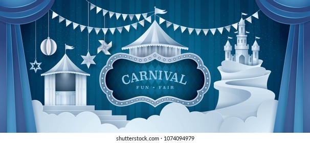 Premium Curtains stage with Circus Frame Border, Castle Amusement Park Carnival Fun Fair, triangle bunting flags, Day Scene festival, Paper art vector and illustration