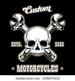 Premium custom motorcycle club vector stock illustration with wrench, piston and skull. Bikers logo design in black background.