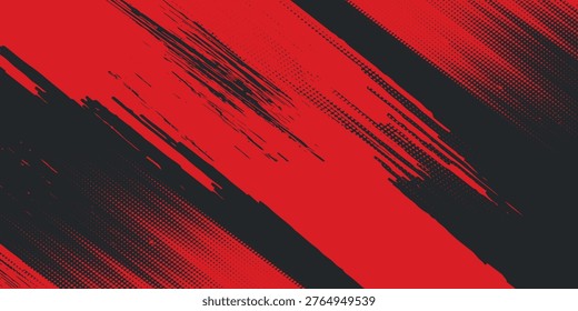 Premium Dark Abstract Background Featuring Dynamic Diagonal Red Brush Strokes and Grunge Halftone Dot Pattern. Aggressive and Energetic Vector Design Perfect for Sports, Gaming, Extreme Activities, Team Branding, Rock Music Banners, Promotional Posters, High-Impact Media Backdrops, and Wallpaper.