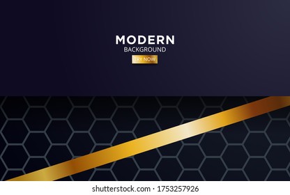 premium dark blue overlap background banner design. Realistic overlap layer on black textured background with golden line.