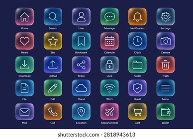 Premium dark glassmorphism icon pack with glowing transparent interface elements for gaming dashboards, mobile applications, websites, and futuristic digital products.