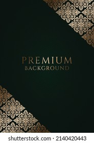 Premium dark green background with ornamental golden corners and centered space for text. Vector