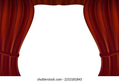 Premium Dark red curtain scene gracefully. Cover isolated. Vector background with luxury scarlet red silk velvet curtains and draperies. Red curtain opened on white background