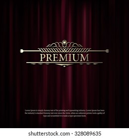 Premium Dark Red Curtain Scene Gracefully. Cover With Vertical Motion Blur And Premium Text. Like Curtains In Theater. Elegance Vector Backdrop With Vintage Sign